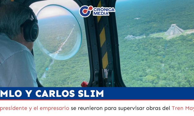 AMLO y Carlos Slim sobrevuelan en helicóptero obras del Tren Maya